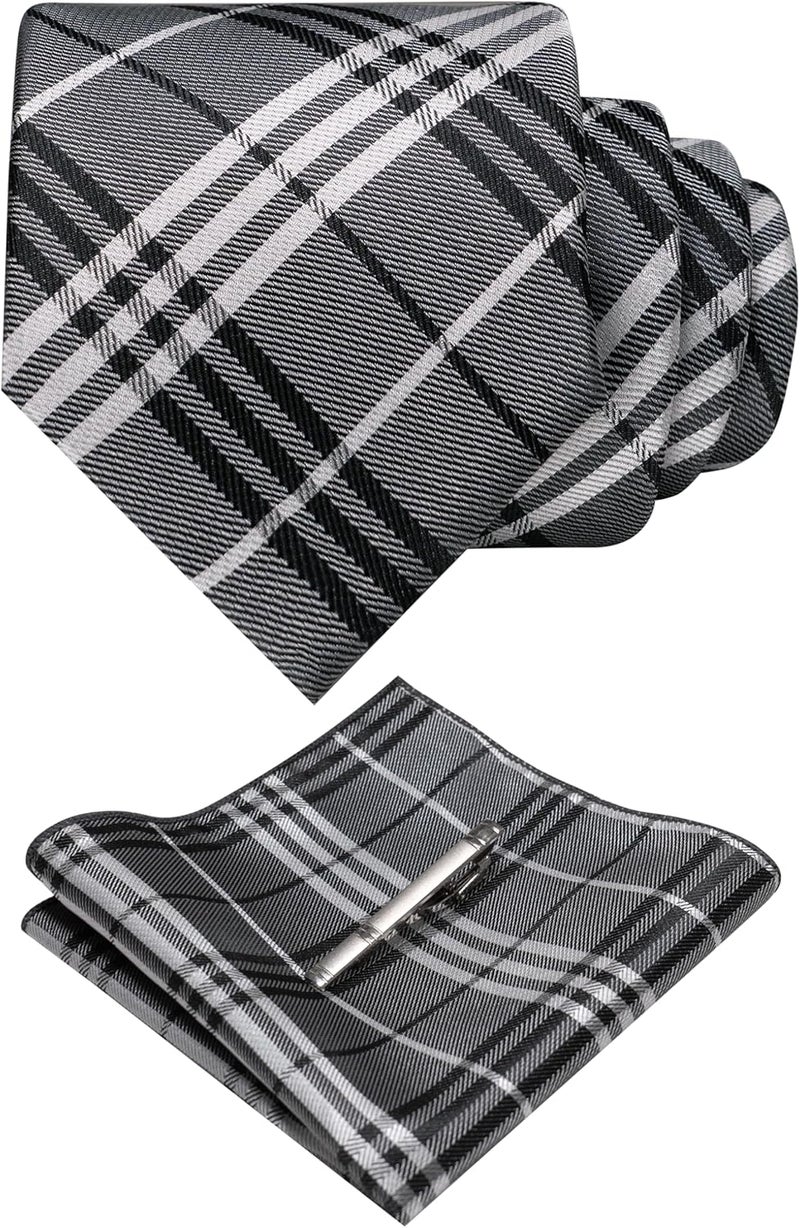 RBOCOTT Silk Stripe Plaid Tie and Pocket Square with Tie Clip Sets for Men - Image 1